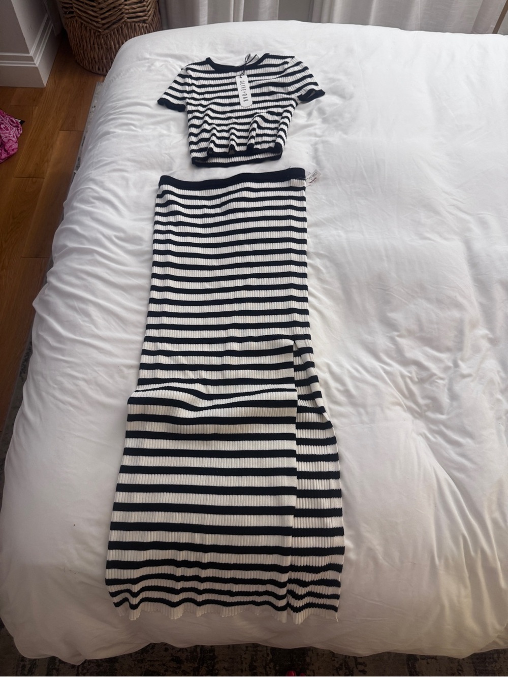 Olive & Oak Black and White Striped Ribbed Pencil Skirt Set